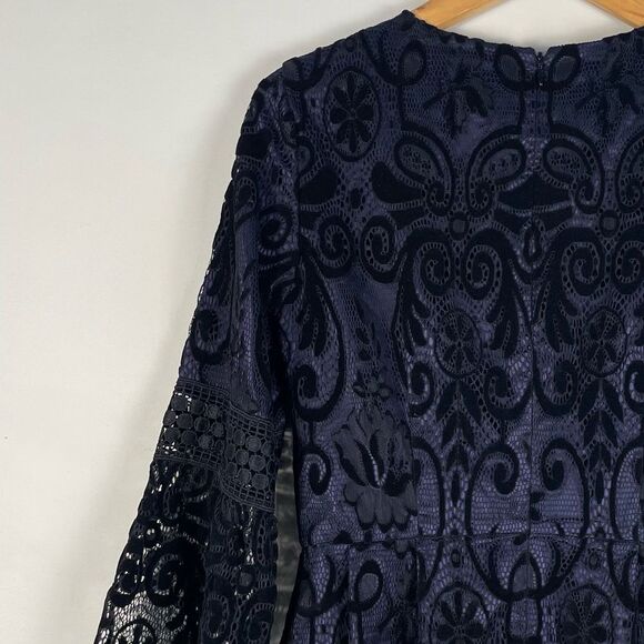 Eliza J Black Blue Burnout Velvet Lace Bell‎ Sleeve Fit and Flare Dress Size 4 - Picture 12 of 14